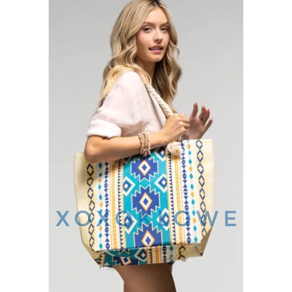Blue & White Aztec Southwestern Print Rope Handle Tote Bag - Picture 3 of 9